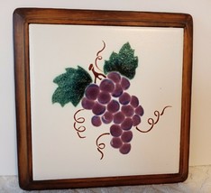 Vintage Ceramic Tile Wood Framed Trivet Raised Painted Purple Bunch of Grapes 7&quot; - £9.69 GBP
