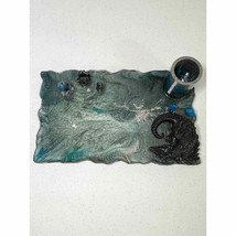 Handmade Resin Tray Dragon Crystals Candle Holder Teal Green Black - $37.17