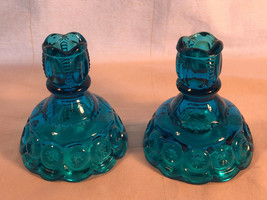 Two Teal Moon And Stars Candlesticks Depression Glass Mint - £27.35 GBP