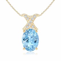 ANGARA Oval Aquamarine XO Pendant with Diamonds in 14K Solid Gold | 18&quot; Chain - £575.85 GBP