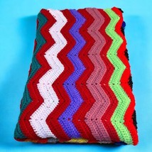 VTG Afghan Crochet Throw Blanket Colorful 59x44” Ripple Chevron Zig Zag Handmade - £18.64 GBP