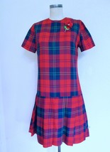 Vintage 60s Scooter Dress S Dropped Waist Pleated Skirt Red Blue Plaid S... - £39.49 GBP
