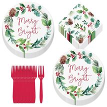 Christmas Party Supplies Chic Holiday Greenery Merry &amp; Bright Paper Dinner Plate - £13.44 GBP