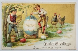 Easter Greetings Boys Painting Eggs Hens Watching Embossed c1910 Postcard U18 - £7.82 GBP