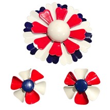 1960 Patriotic Blooms Vintage Red, White &amp; Blue Enamel Flower Pin Clip Earrings - £39.34 GBP