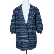Karen Kane Blazer Jacket Women XL Blue White Ruched Elbow Sleeve Jacquard Cotton - £28.11 GBP