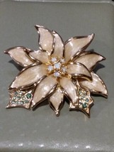 Nolan Miller Enamel Beige Green Clear Crystal Rhinestone Flower Brooch - £35.91 GBP