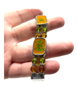 Orange Linked Bracelet Green Pressed Look Painted Flowers Leaves Cuff Me... - €20,14 EUR