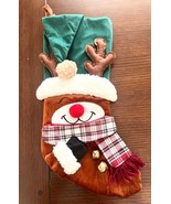 Plush Rudolph Christmas Stocking 18&quot; Fleece Green Hat Velour Red Plaid S... - $19.79