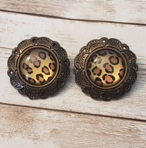 Vintage Clip On Earrings Large Statement Bronze Tone with Animal Print - £12.04 GBP