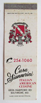 Casa Giannerini - Baltimore, Maryland Restaurant 20 Strike Matchbook Cover MD - £1.39 GBP