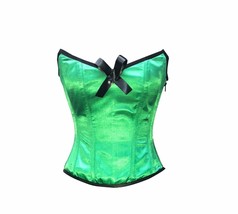 Green Satin Corset Zipper with Black Bow Gothic Burlesque Costume Waist Training - £57.55 GBP