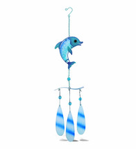 Blue Dolphin Hanging Sea Glass Wind Chime Nautical Decor 27.36" - £35.95 GBP
