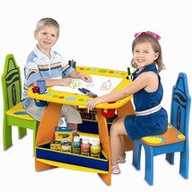 Kids Wooden Desk And Chairs Set 3-PC Table Crayola Crayons Storage Pocke... - £140.35 GBP