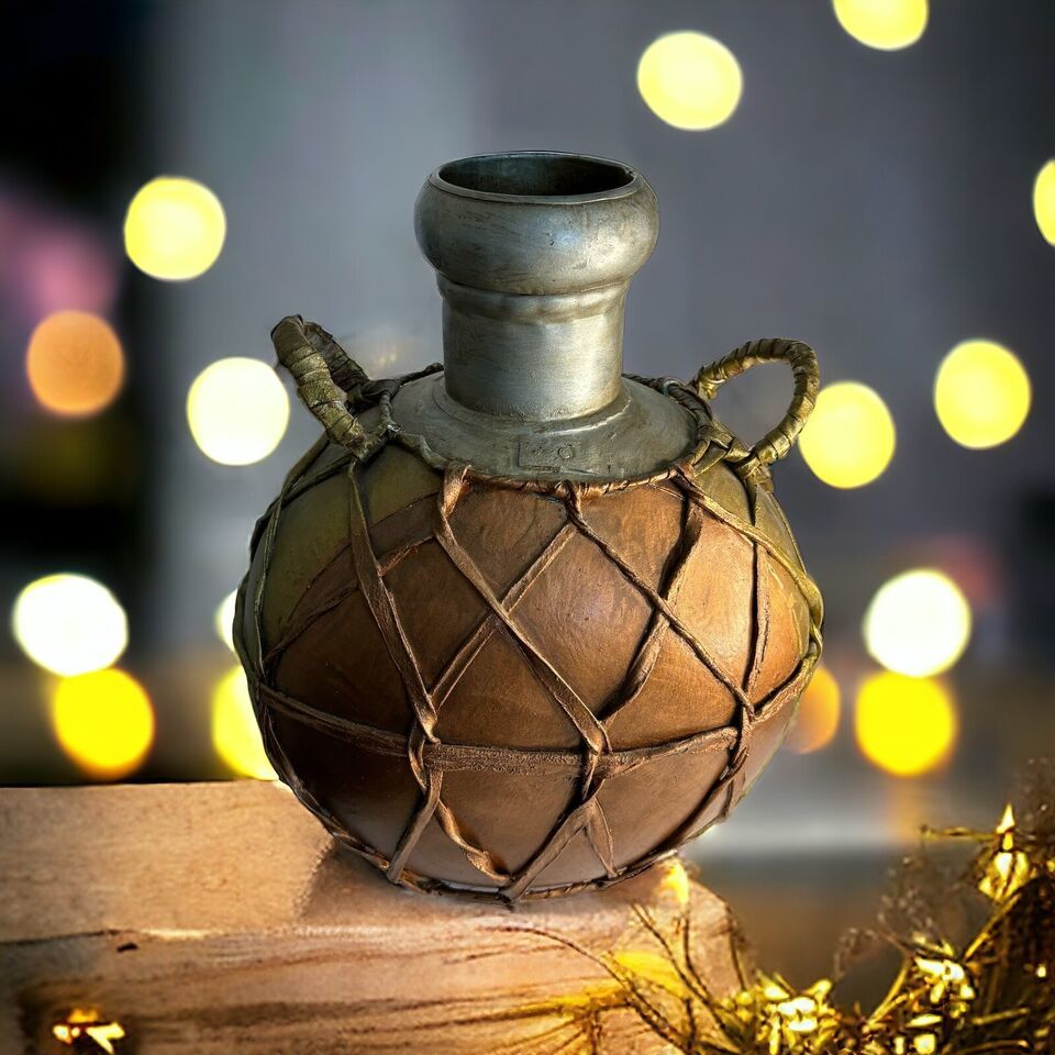 India Metal W Leather Netting Water Jug Vessel W Handles Gold Silver Copper - $37.40