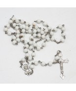 White Glass Beaded Chain Rosary Necklace Cross Pendant - £31.89 GBP