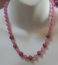 Vintage Knotted Pink Floral Art Glass Bead Necklace - £66.68 GBP