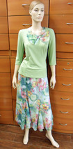 PARTY SKIRT SET Light Green A-line Midi Floral Skirt Set 3/4 Sleeve Blouse - $123.25