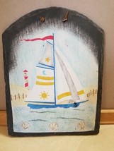 Hand Painted Stone Slate Sailing Sailboat Beach Nautical Ocean Sign Plaq... - $19.99