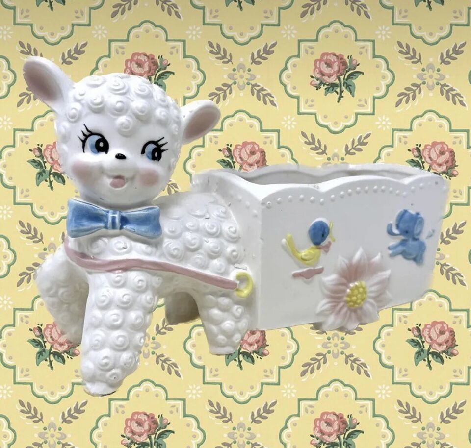 1950s Ceramic Lamb & Cart Planter Pot Kitsch Bird Rattle Flower Baby Inarco 8”W - $33.87