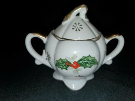 Covered Sugar Bowl Poinsettia Royal  HOLLY gold trim ivory berries leave... - $14.70