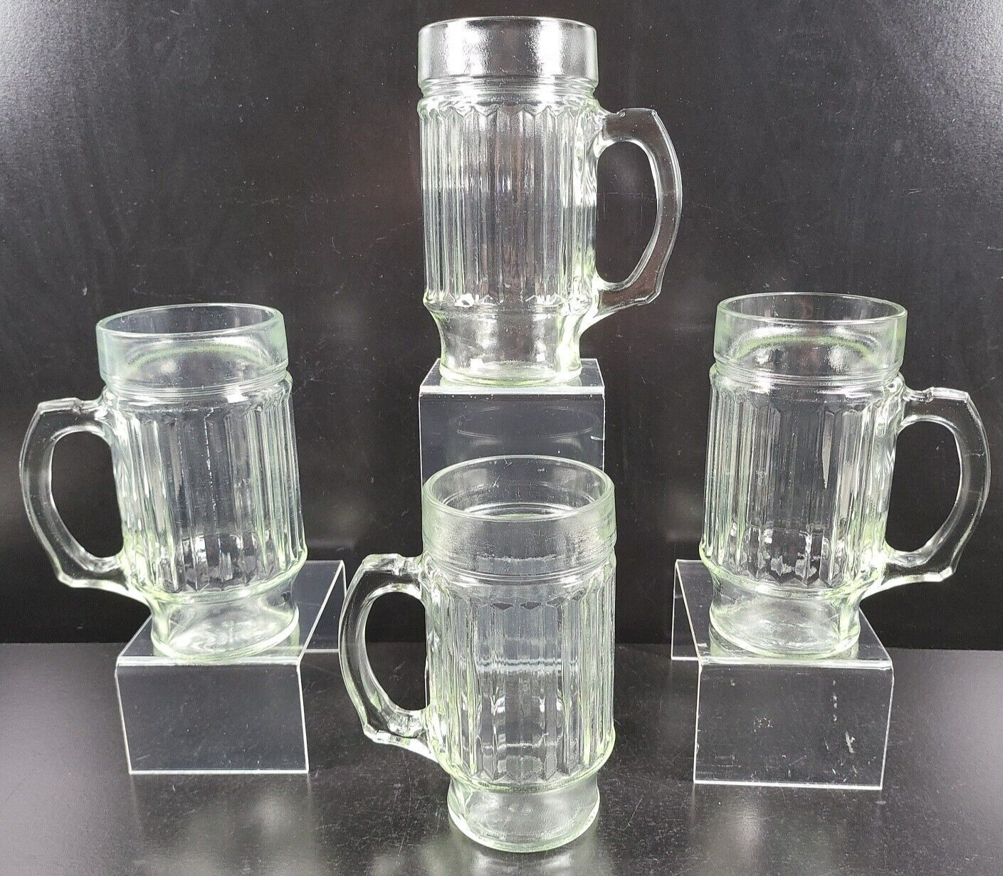 4 Anchor Hocking Line Lites Mugs Set Clear Vertical Rib Panel Beer Bar W... - $39.57