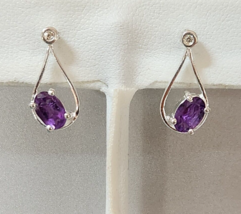 Natural Amethyst and White Zircon Earrings in Sterling Silver 0.97 ctw - £15.94 GBP