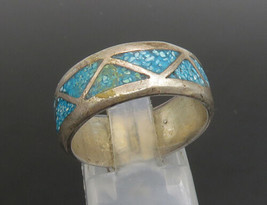 SOUTHWESTERN 925 Silver  - Vintage Turquoise Pattern Band Ring Sz 7.5 - RG23384 - £50.59 GBP