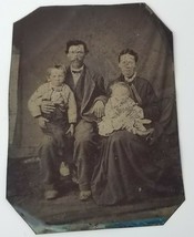 Tintype Family of Four 2 Parents 2 Kids Unhappy Boy Antique  - £13.66 GBP