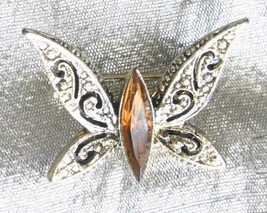 Elegant Honey Rhinestone Gold-tone Butterfly Brooch 1960s vintage 1 1/4&quot; - $12.30