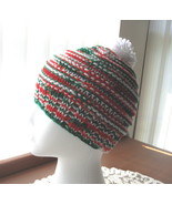 Hand Knitted Child&#39;s Acrylic Yarn Grow Hat w/Pom-Pom - Red/Green/White  - £15.65 GBP