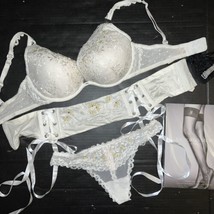 Victoria&#39;s Secret 34C,34D,34DD Bra Set+Cincher White Lace Beaded Angel Fantasies - £111.64 GBP