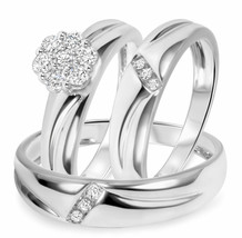 Diamond Wedding 14K White Gold Over Trio Set Men&#39;s Ladies Engagement Bridal Ring - £110.28 GBP
