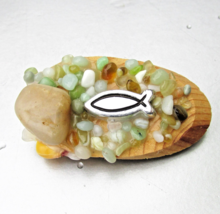 Vintage Handmade Jesus Fish Symbol Wood &amp; Stone Artisan Brooch Pin - $23.75