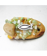 Vintage Handmade Jesus Fish Symbol Wood &amp; Stone Artisan Brooch Pin - $23.75