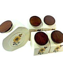Set 5 Sunflower Ceramic Canisters Hydyn 1995 Floral Wood Lids USA 90s Vintage - £35.92 GBP