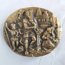 Vintage Belt Buckle Solid Brass Medieval Plague Scene in Relief Made In Taiwan - £34.97 GBP