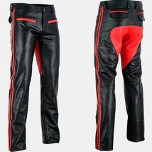 Men&#39;s Leather Pants Biker Bluf Breeches Trousers Punk Motorcycle Red Stripes - £103.90 GBP