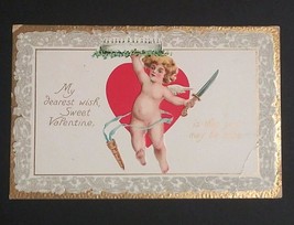 Tucks My Dearest Wish Cupid w/ Knife Gold Embossed Valentines Day Postcard 1910 - £6.24 GBP