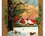 Christmas Greetings Cabin Scene Holly Embossed Gilt DB Postcard S6 - $2.92