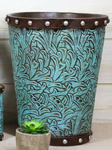 Rustic Western Turquoise Floral Scroll Faux Leather Dry Waste Basket Trash Bin - £35.15 GBP