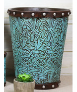 Rustic Western Turquoise Floral Scroll Faux Leather Dry Waste Basket Tra... - £34.60 GBP