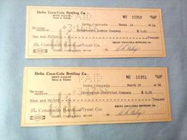 1956 Coca Cola Delta Colorado Bottling Co Payroll Check pair Coke - $12.82