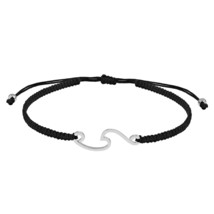 Serenity Ocean Wave Sterling Silver Charm Black Rope Adjustable Bracelet - £13.28 GBP