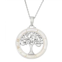 Sterling Silver Round White MOP with Center Tree of Life Pendant - £64.75 GBP