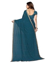 Women&#39;s Printed Georgette With Lace Saree With Blouse Piece (Blue) Sari Pakistan - £15.05 GBP