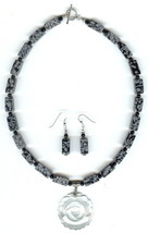 Snowflake Obsidian and Onyx Necklace and Earring Set fiber optics rose pendant - £37.96 GBP
