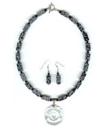 Snowflake Obsidian and Onyx Necklace and Earring Set fiber optics rose p... - £37.77 GBP