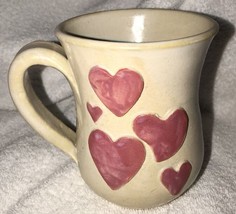 Studio Pottery Beige Handmade Coffee Mug Tea Cup Applied Hearts 3-D Signed - £11.59 GBP