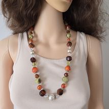 Chunky Brown White Beaded Necklace, Vintage 1970s Orange Avocado Beads - $29.69